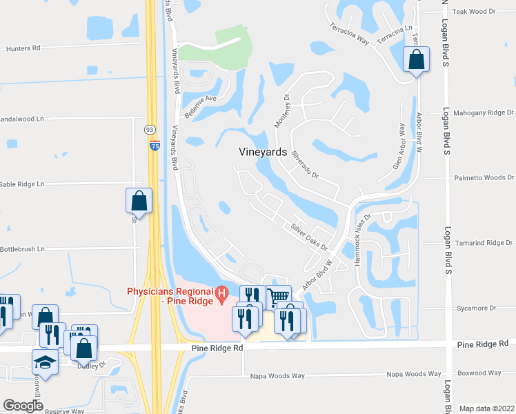map of restaurants, bars, coffee shops, grocery stores, and more near 107 Napa Ridge Way in Naples