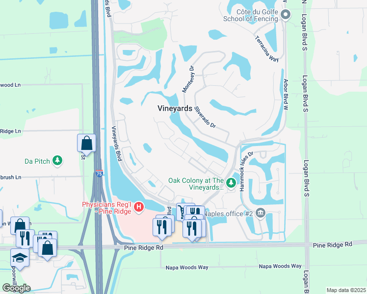 map of restaurants, bars, coffee shops, grocery stores, and more near 265 Napa Ridge Road East in Naples