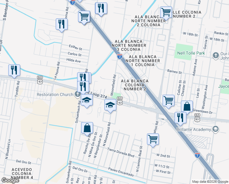 map of restaurants, bars, coffee shops, grocery stores, and more near 1002 North Moorfield Road in Mission