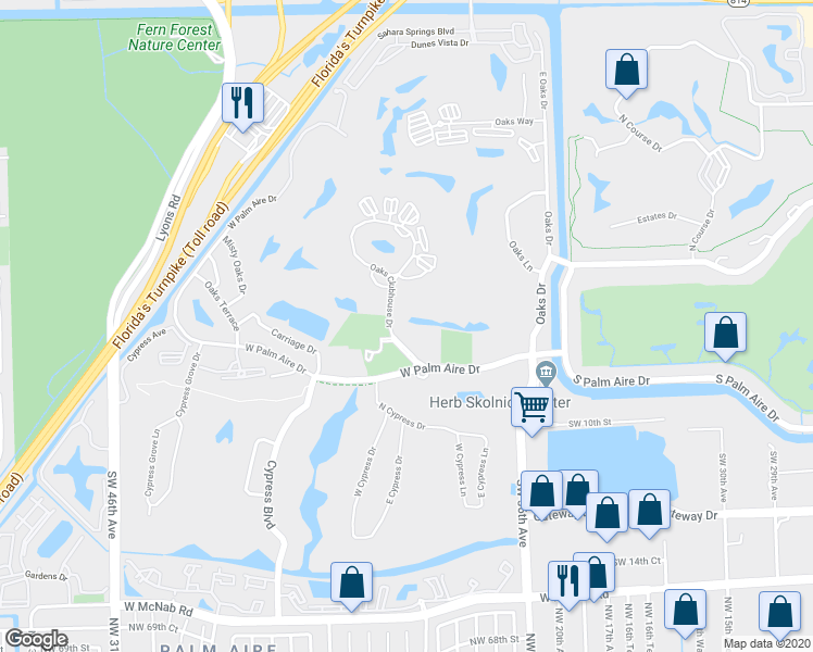 map of restaurants, bars, coffee shops, grocery stores, and more near 3600 Oaks Clubhouse Drive in Pompano Beach