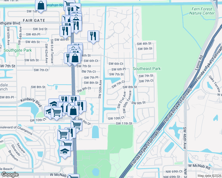 map of restaurants, bars, coffee shops, grocery stores, and more near 5360 Southwest 7th Court in Margate