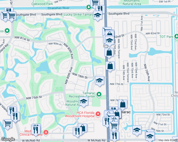 map of restaurants, bars, coffee shops, grocery stores, and more near 7825 Beechfern Circle in Tamarac