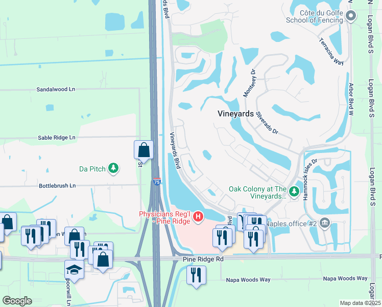 map of restaurants, bars, coffee shops, grocery stores, and more near 200 Vintage Circle in Naples