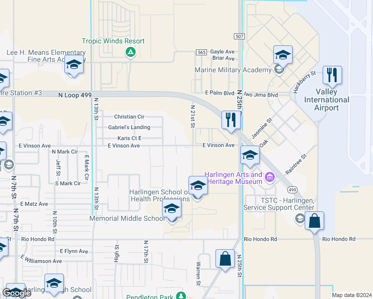 map of restaurants, bars, coffee shops, grocery stores, and more near 2026 East Vinson Avenue in Harlingen