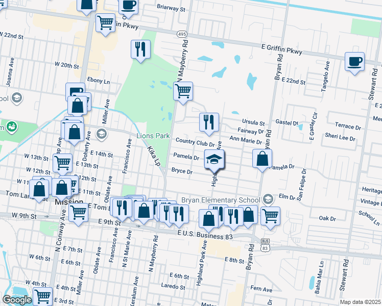 map of restaurants, bars, coffee shops, grocery stores, and more near 902 Country Club Drive in Mission