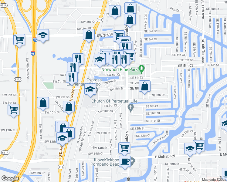 map of restaurants, bars, coffee shops, grocery stores, and more near 170 Southwest 8th Street in Pompano Beach