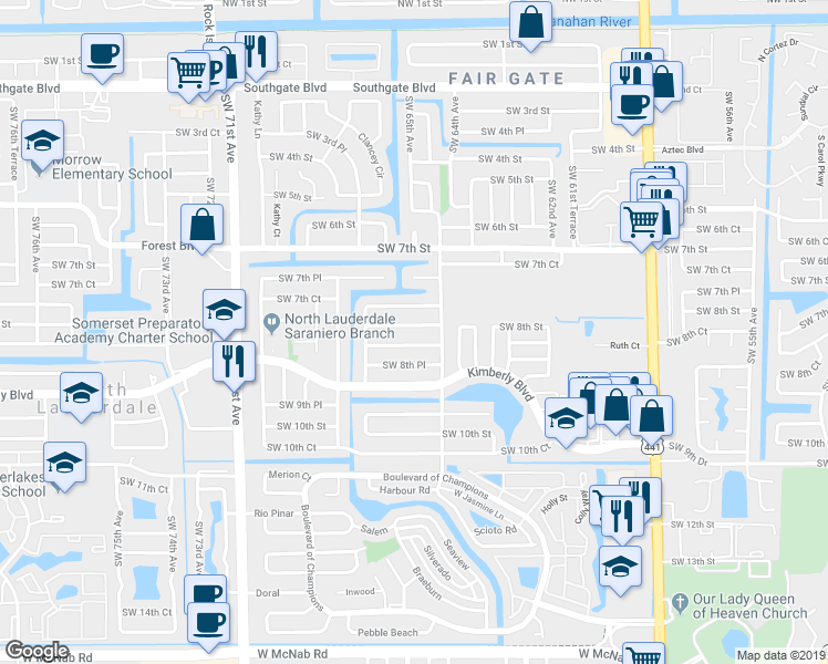map of restaurants, bars, coffee shops, grocery stores, and more near 6511 Southwest 8th Street in North Lauderdale