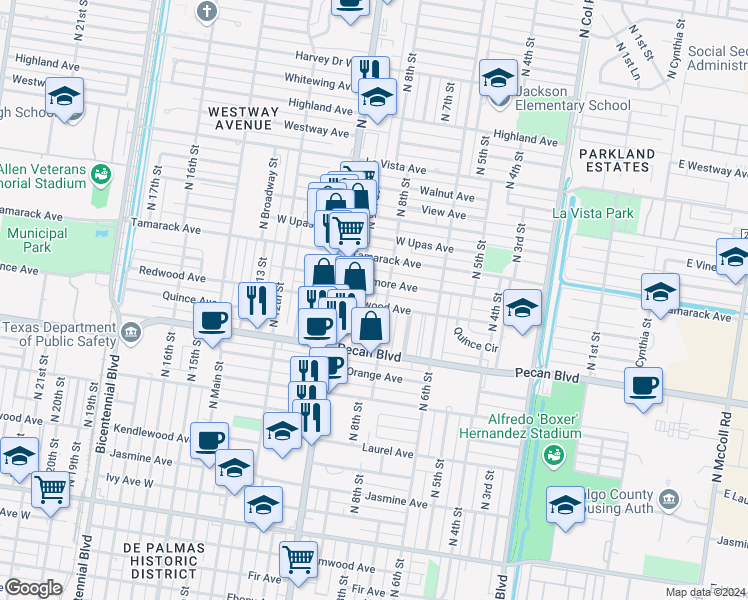 map of restaurants, bars, coffee shops, grocery stores, and more near 817 Sycamore Avenue in McAllen