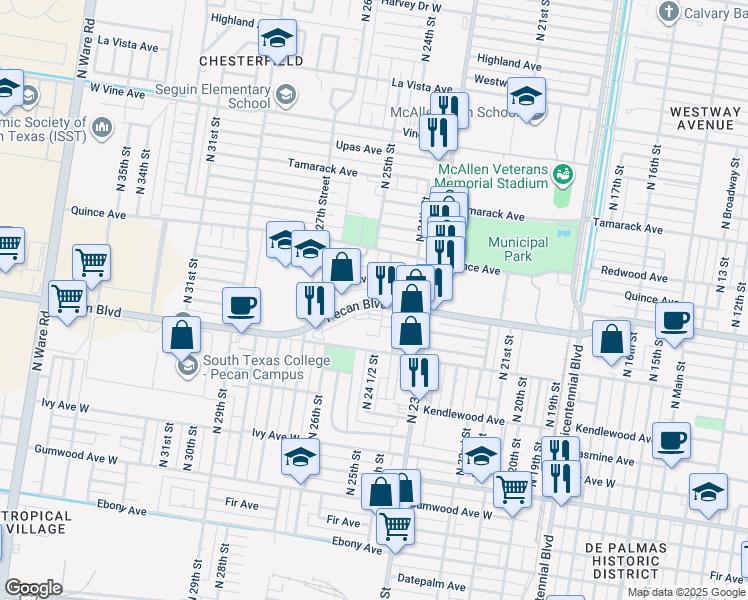 map of restaurants, bars, coffee shops, grocery stores, and more near 2420 Pecan Boulevard in McAllen