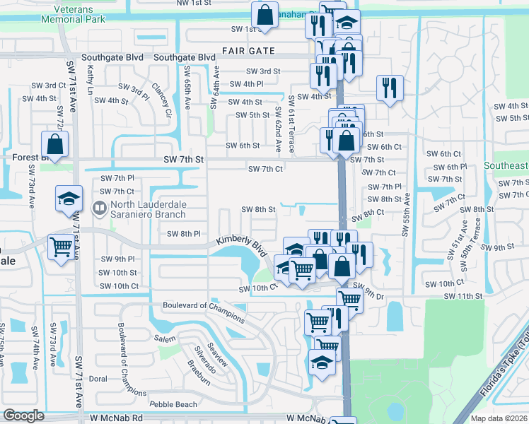 map of restaurants, bars, coffee shops, grocery stores, and more near 6240 Southwest 8th Street in North Lauderdale
