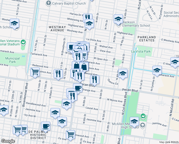 map of restaurants, bars, coffee shops, grocery stores, and more near 817 Sycamore Avenue in McAllen