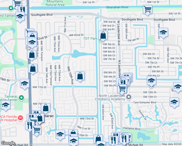 map of restaurants, bars, coffee shops, grocery stores, and more near 7818 Northwest 68th Avenue in Tamarac