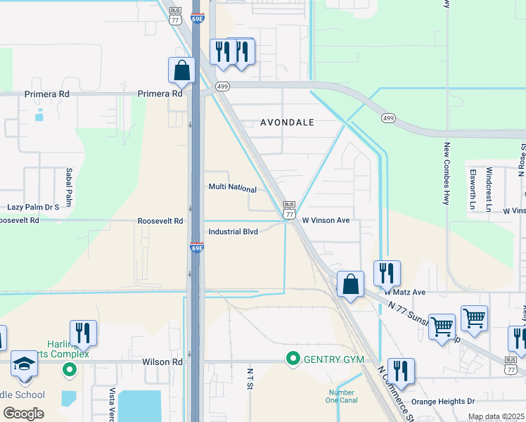 map of restaurants, bars, coffee shops, grocery stores, and more near Southridge Avenue in Harlingen