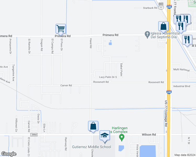 map of restaurants, bars, coffee shops, grocery stores, and more near 3421 Lazy Palm Drive South in Harlingen