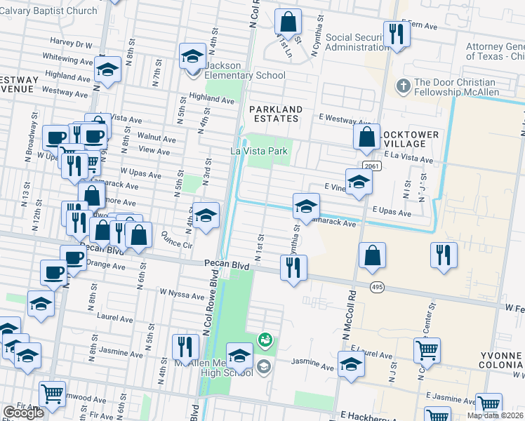 map of restaurants, bars, coffee shops, grocery stores, and more near 100 West Tamarack Avenue in McAllen