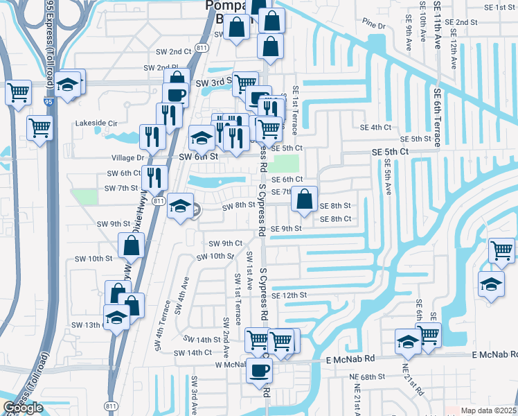 map of restaurants, bars, coffee shops, grocery stores, and more near 130 Southwest 7th Court in Pompano Beach