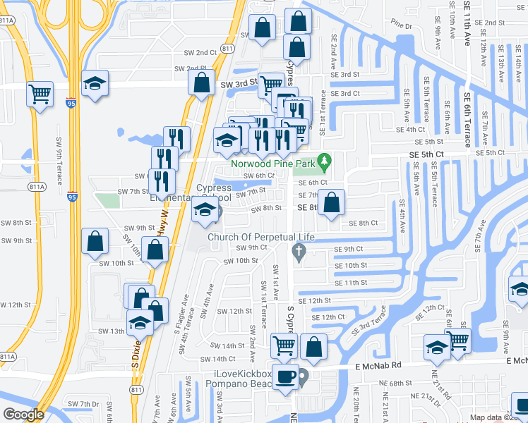 map of restaurants, bars, coffee shops, grocery stores, and more near 162 Southwest 7th Court in Pompano Beach