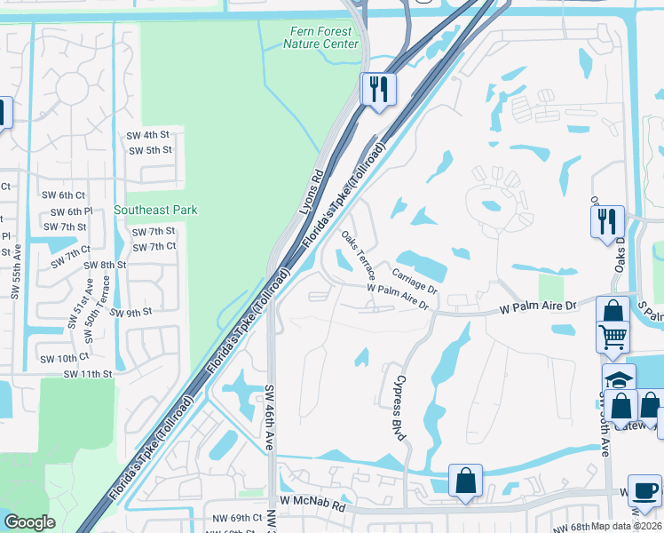 map of restaurants, bars, coffee shops, grocery stores, and more near 4261 West Palm Aire Drive in Pompano Beach