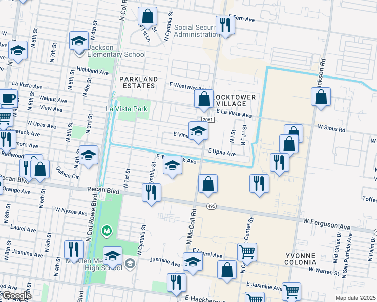 map of restaurants, bars, coffee shops, grocery stores, and more near 509 East Upas Avenue in McAllen