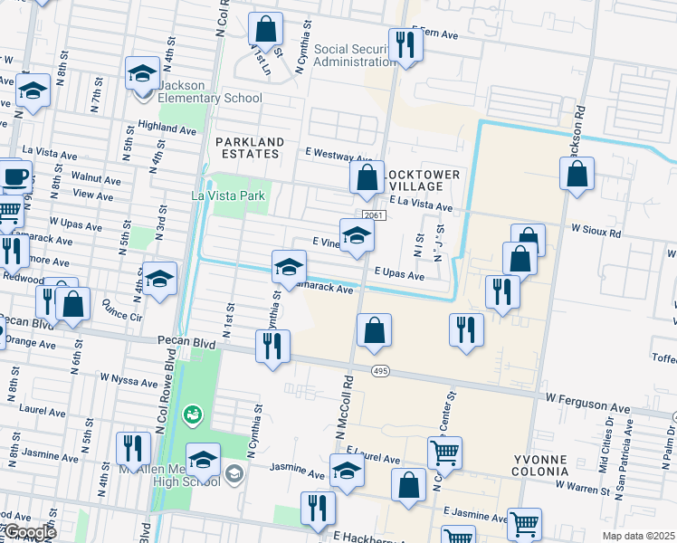 map of restaurants, bars, coffee shops, grocery stores, and more near 512 East Upas Avenue in McAllen