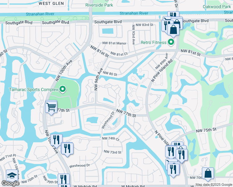 map of restaurants, bars, coffee shops, grocery stores, and more near Weldon Circle in Tamarac