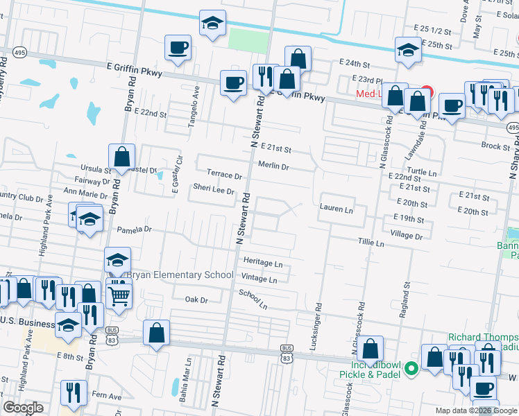 map of restaurants, bars, coffee shops, grocery stores, and more near 1604 Sheri Lee Drive in Mission