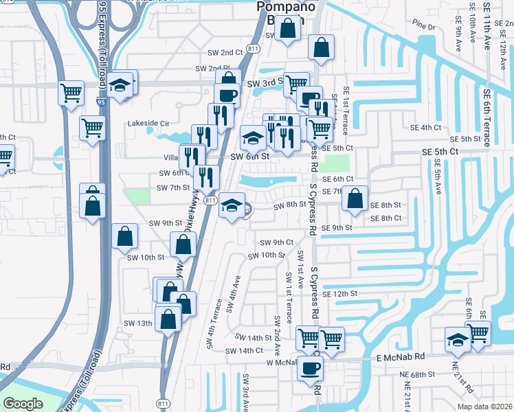 map of restaurants, bars, coffee shops, grocery stores, and more near 245 Southwest 7th Court in Pompano Beach