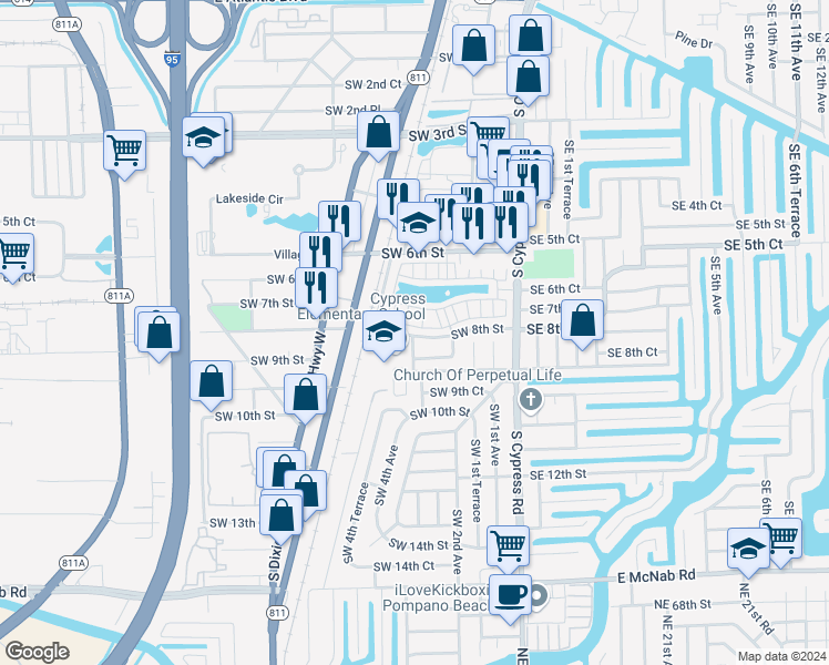 map of restaurants, bars, coffee shops, grocery stores, and more near 245 Southwest 7th Court in Pompano Beach