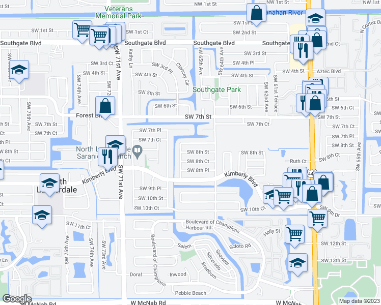 map of restaurants, bars, coffee shops, grocery stores, and more near 6540 Southwest 8th Street in Pompano Beach