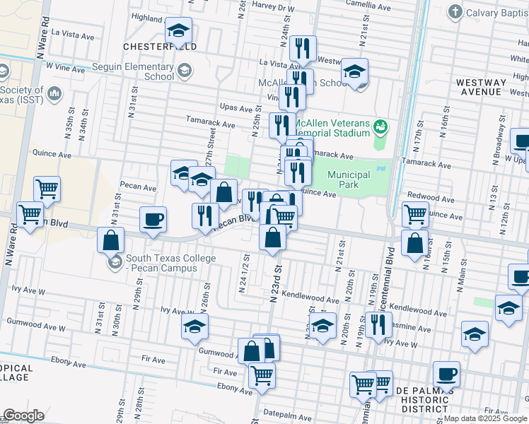 map of restaurants, bars, coffee shops, grocery stores, and more near 2400 Pecan Boulevard in McAllen