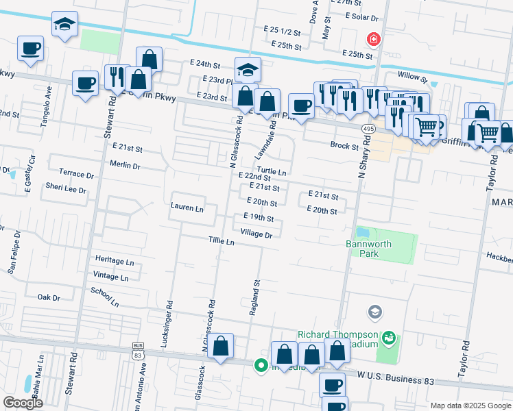 map of restaurants, bars, coffee shops, grocery stores, and more near 2018 East 20th Street in Mission