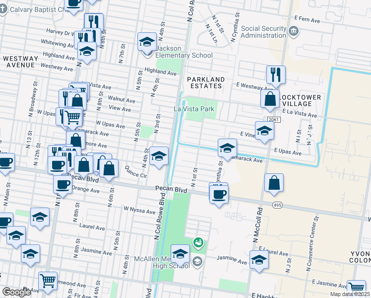 map of restaurants, bars, coffee shops, grocery stores, and more near 120 West Tamarack Avenue in McAllen