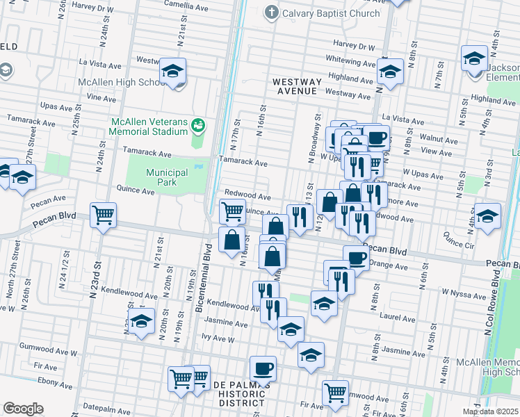 map of restaurants, bars, coffee shops, grocery stores, and more near 1506 Quince Avenue in McAllen