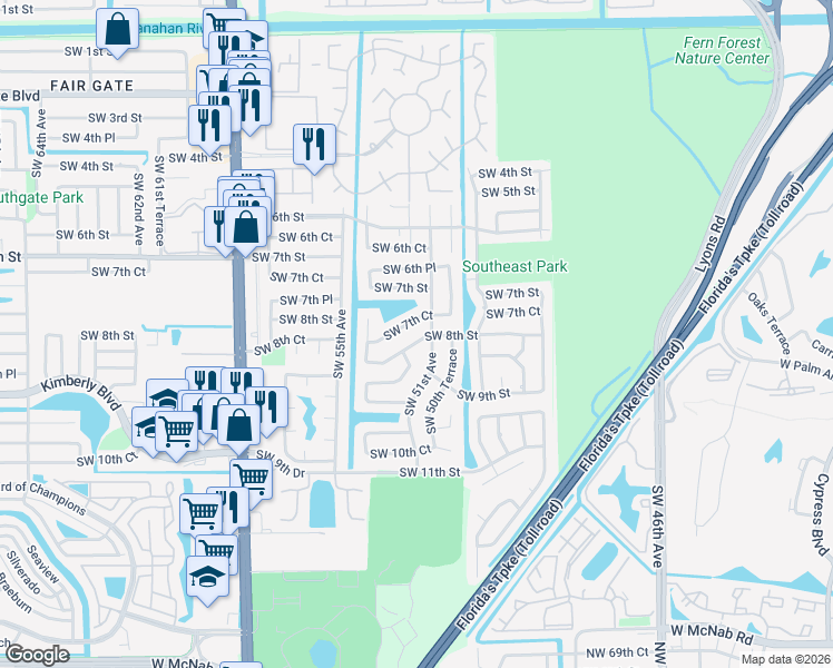 map of restaurants, bars, coffee shops, grocery stores, and more near 5161 Southwest 7th Court in Margate