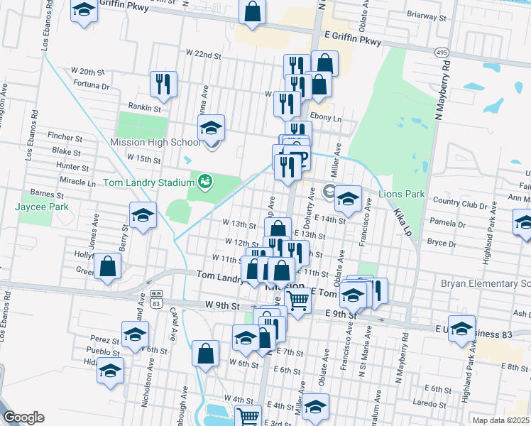 map of restaurants, bars, coffee shops, grocery stores, and more near 1319 North Dunlap Avenue in Mission