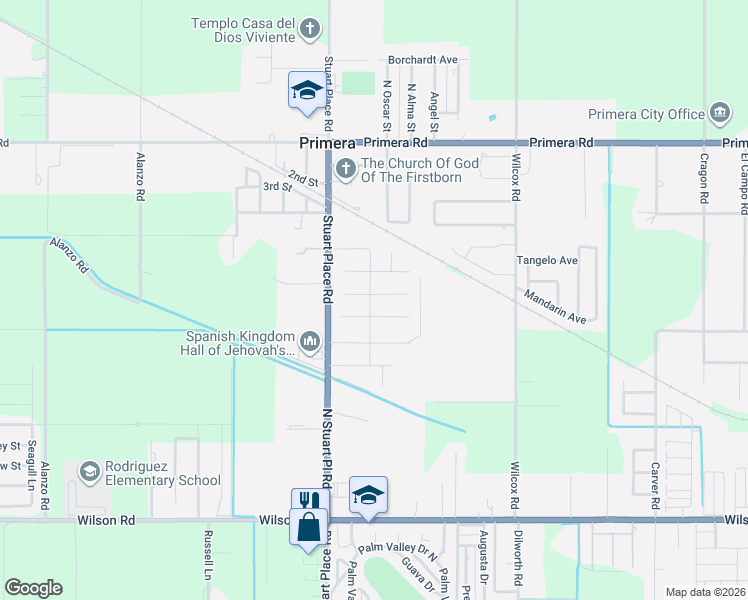 map of restaurants, bars, coffee shops, grocery stores, and more near 16730 East Barger Court in Harlingen