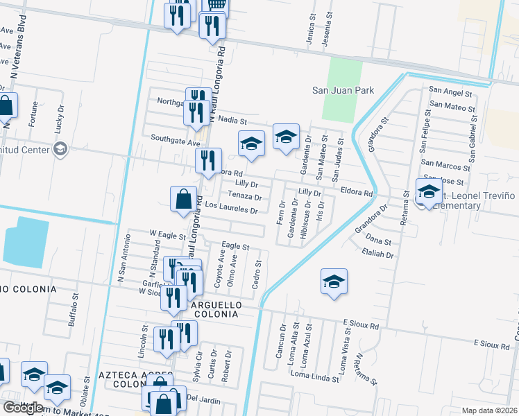 map of restaurants, bars, coffee shops, grocery stores, and more near 305 Los Laureles Drive in San Juan