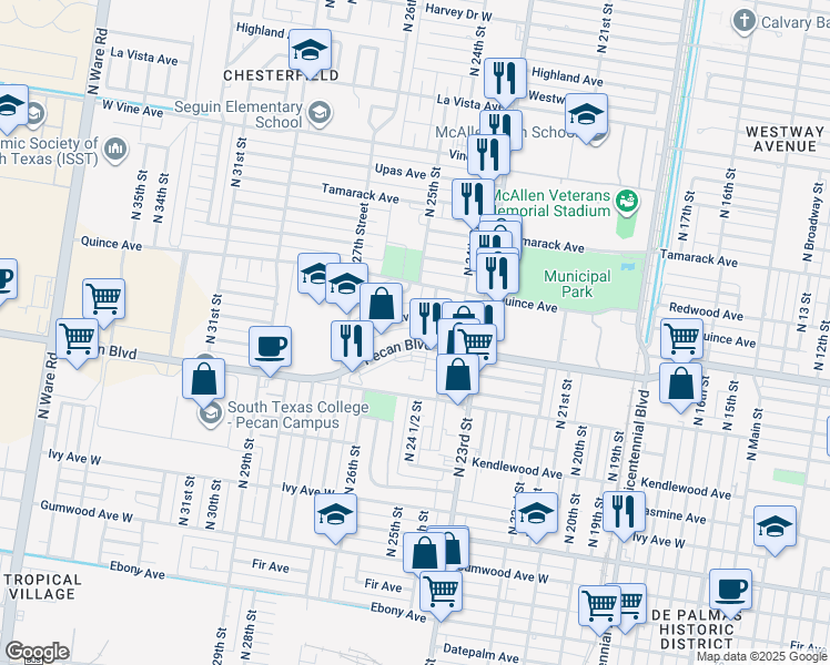 map of restaurants, bars, coffee shops, grocery stores, and more near 2420 Pecan Boulevard in McAllen