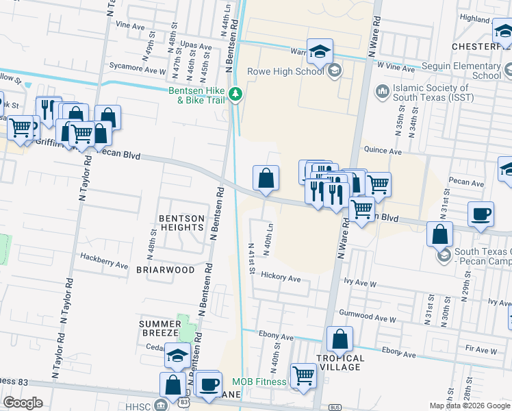 map of restaurants, bars, coffee shops, grocery stores, and more near 4201 Pecan Boulevard in McAllen