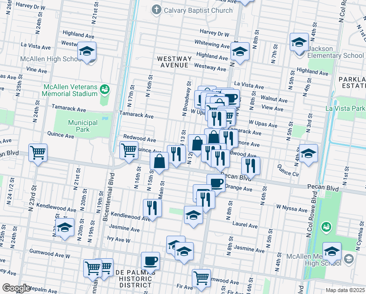 map of restaurants, bars, coffee shops, grocery stores, and more near 1215 Redwood Avenue in McAllen