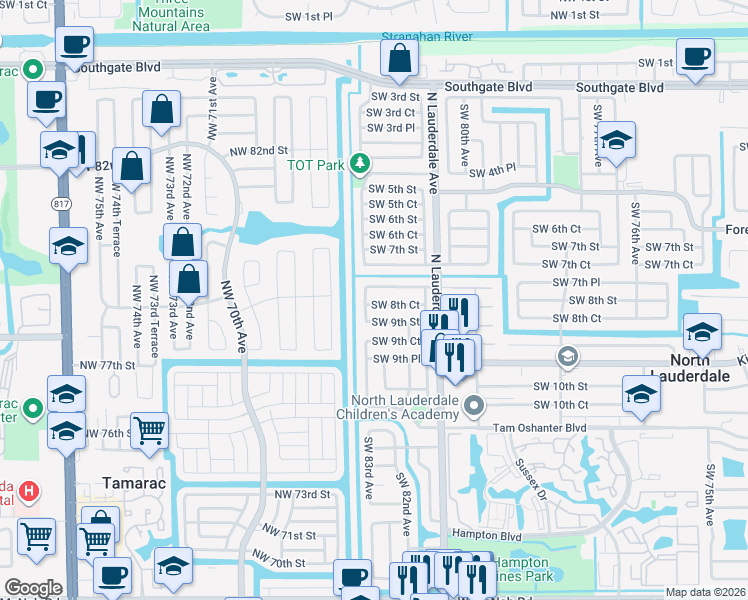 map of restaurants, bars, coffee shops, grocery stores, and more near 8271 Southwest 8th Court in North Lauderdale