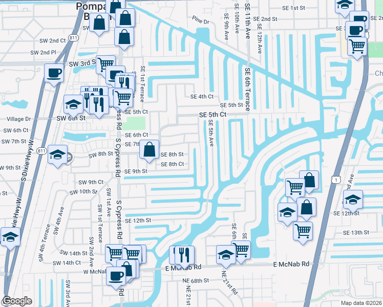 map of restaurants, bars, coffee shops, grocery stores, and more near 341 Southeast 8th Street in Pompano Beach