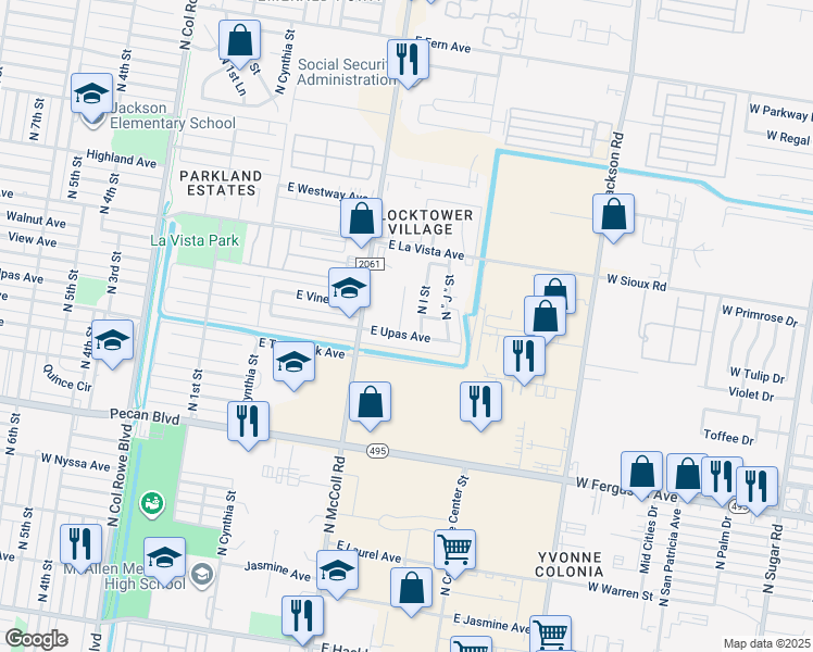 map of restaurants, bars, coffee shops, grocery stores, and more near 2104 North H Street in McAllen