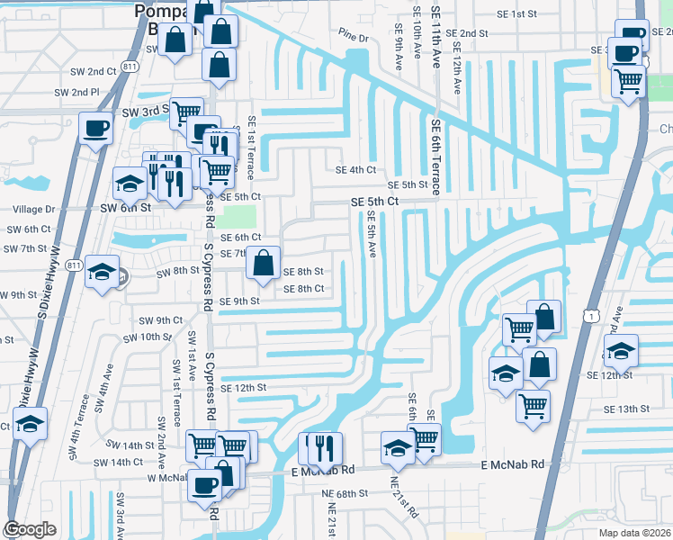 map of restaurants, bars, coffee shops, grocery stores, and more near 341 Southeast 8th Street in Pompano Beach