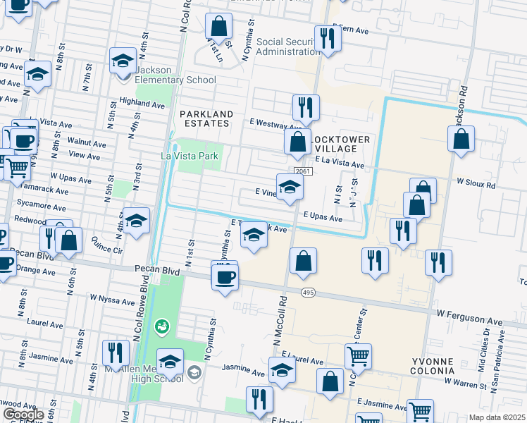 map of restaurants, bars, coffee shops, grocery stores, and more near 509 East Upas Avenue in McAllen