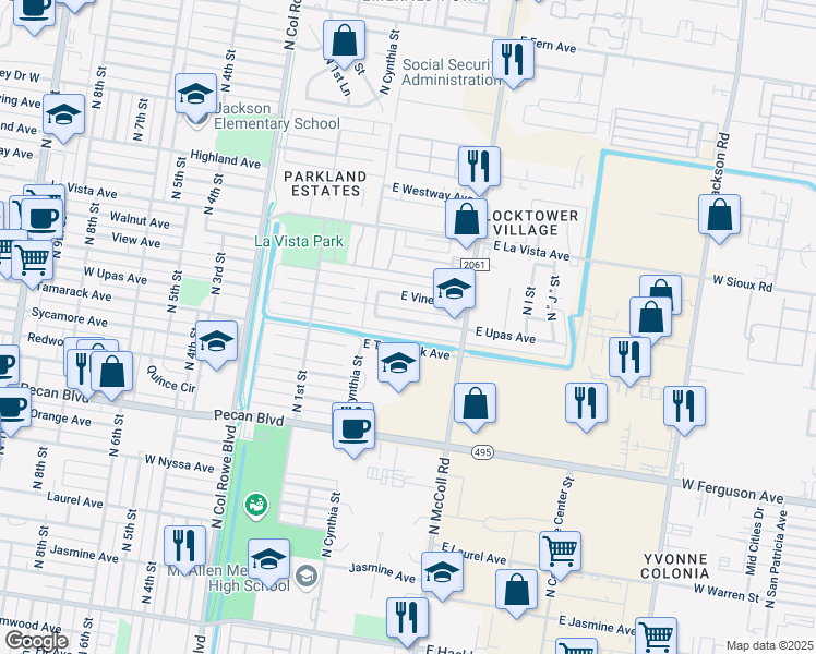 map of restaurants, bars, coffee shops, grocery stores, and more near 300 East Upas Avenue in McAllen
