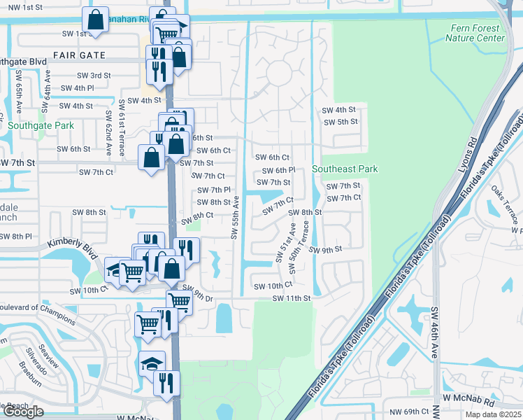 map of restaurants, bars, coffee shops, grocery stores, and more near 5360 Southwest 7th Court in Margate