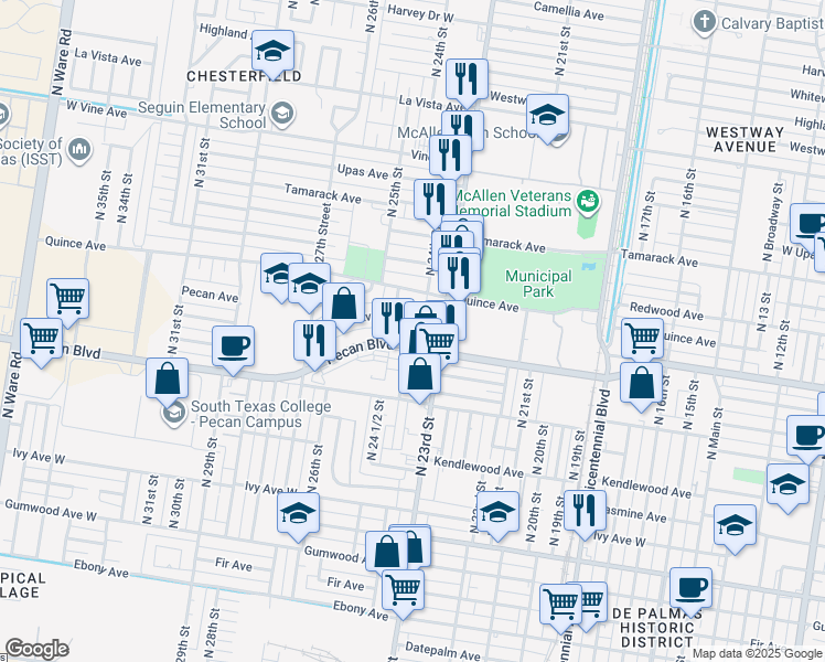 map of restaurants, bars, coffee shops, grocery stores, and more near 2400 Pecan Boulevard in McAllen