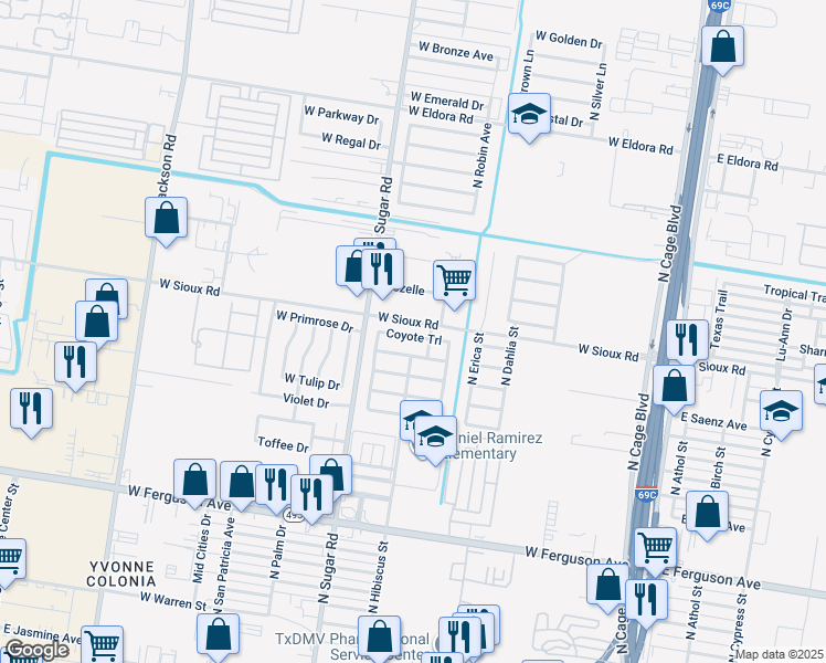 map of restaurants, bars, coffee shops, grocery stores, and more near 806 West Coyote Trail in Pharr