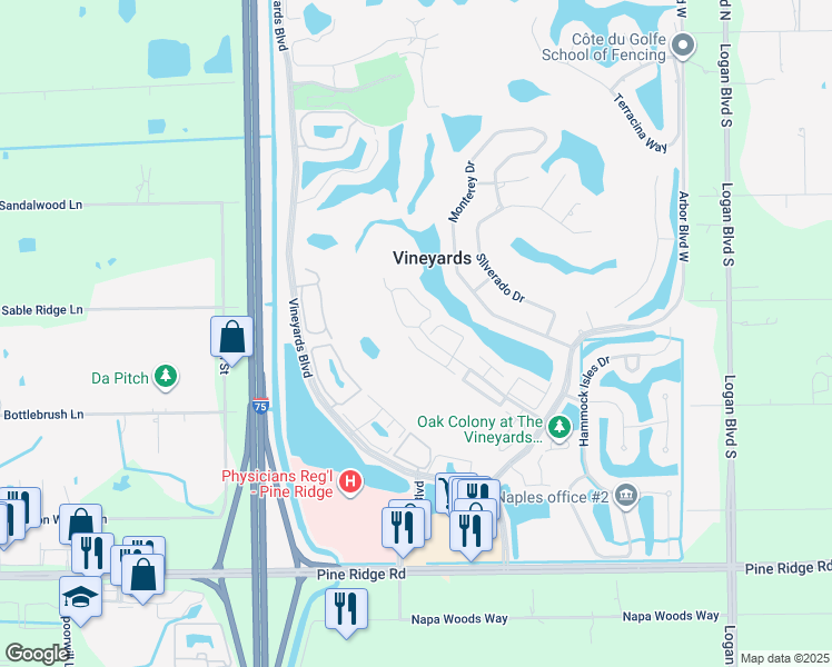 map of restaurants, bars, coffee shops, grocery stores, and more near 107 Napa Ridge Way in Naples